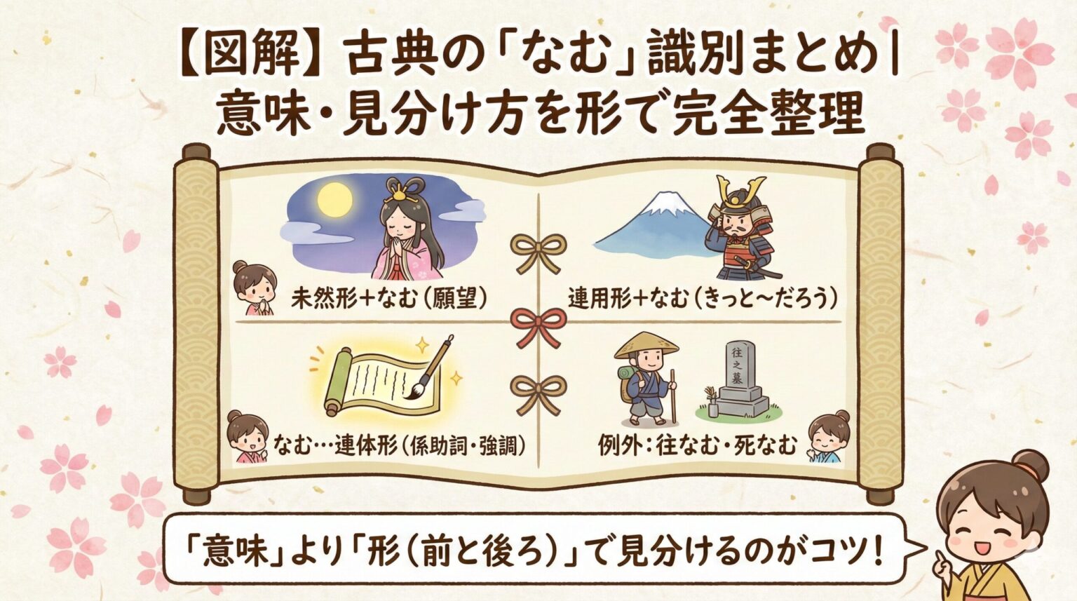 【図解あり】古典の「なむ」識別まとめ|意味・見分け方を形で完全整理 | 誰でも古典塾