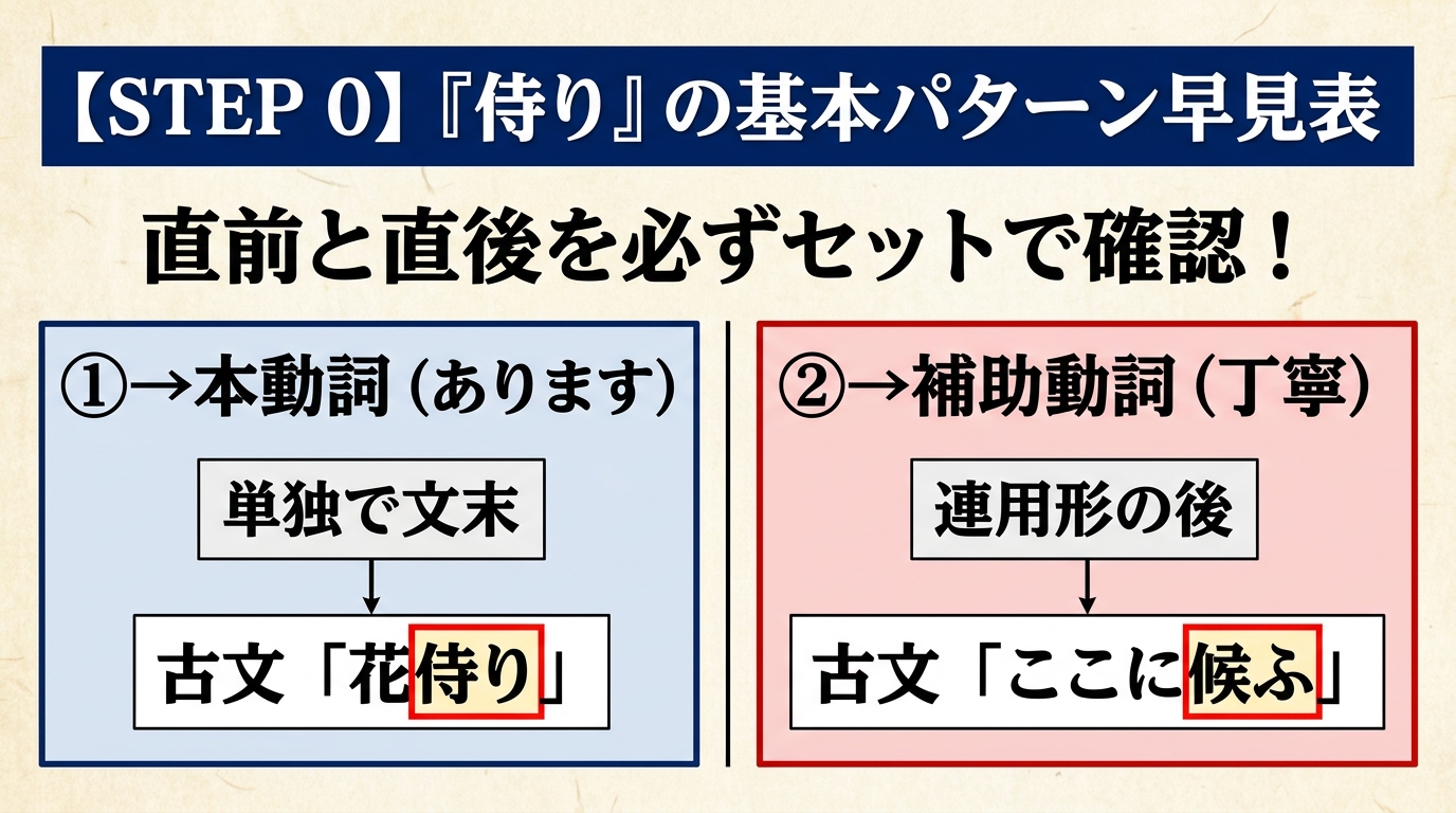STEP 0 『侍り』の基本パターン早見表。①本動詞（あります）単独で文末・例「花侍り」 ②補助動詞（丁寧）連用形の後・例「ここに候ふ」