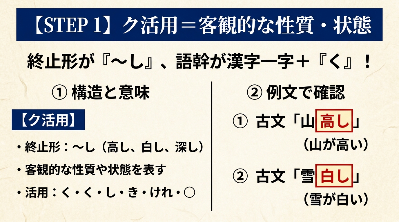 古文「形容詞」識別ステップ図解