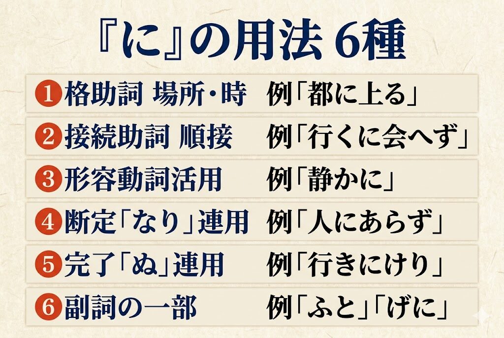 『に』の用法 6種