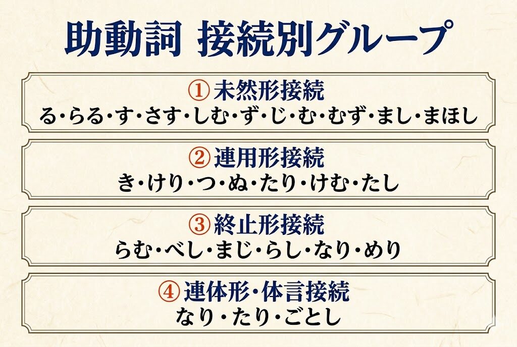 助動詞27個 接続別5グループ