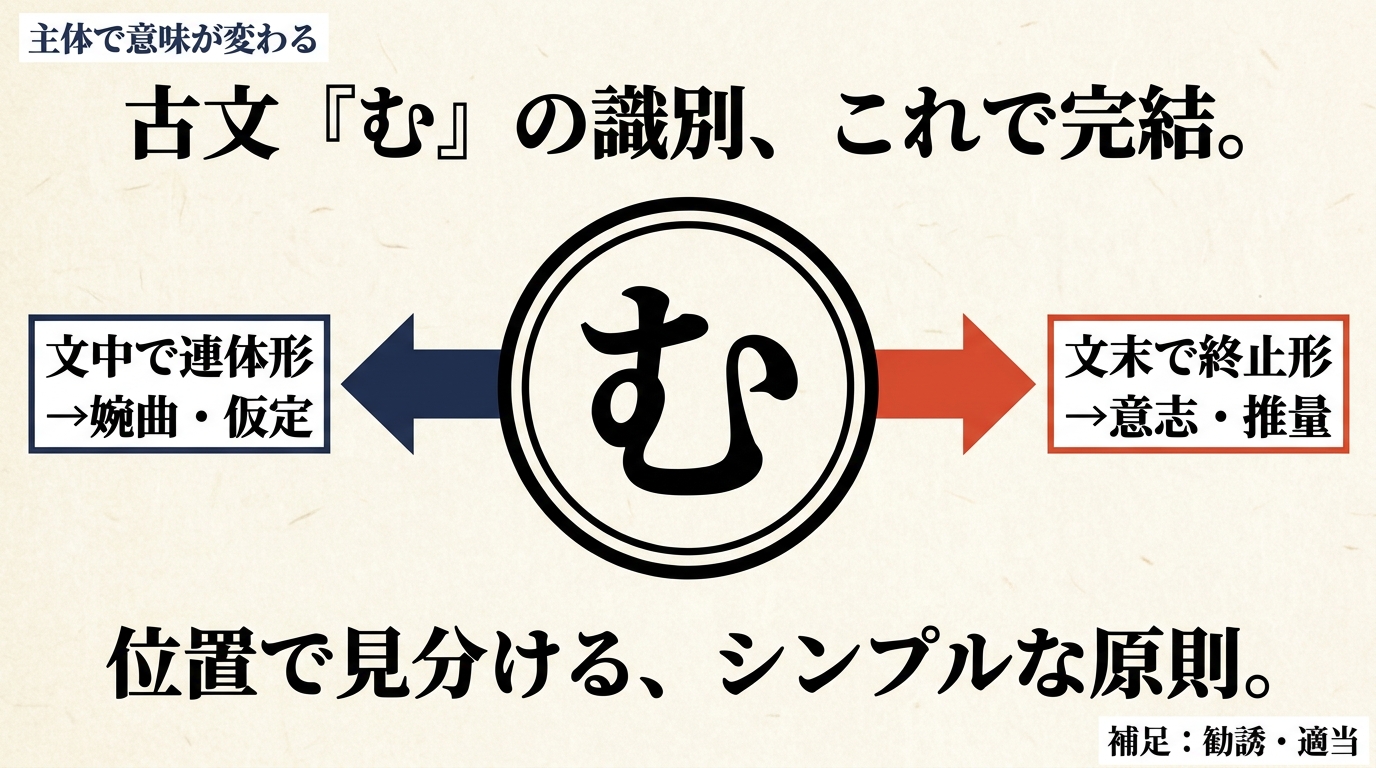 古文「む」の識別、これで完結。文中で連体形→婉曲・仮定/文末で終止形→意志・推量/補足:勧誘・適当