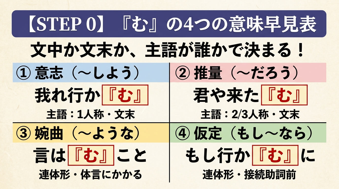 STEP 0 『む』の4つの意味早見表。①意志(〜しよう)/②推量(〜だろう)/③婉曲(〜ような)/④仮定(もし〜なら)