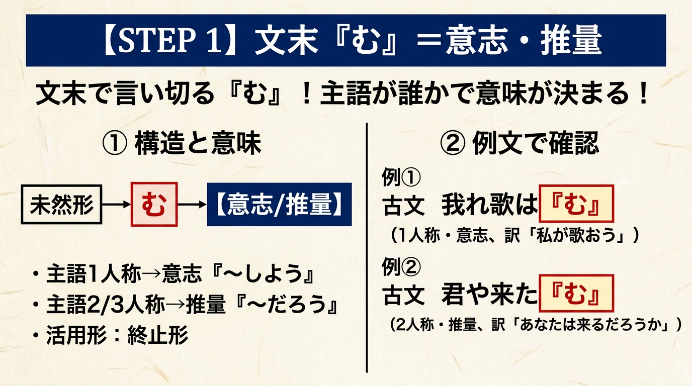 STEP 1 文末『む』=意志・推量。主語が誰かで意味が決まる!1人称→意志/2・3人称→推量