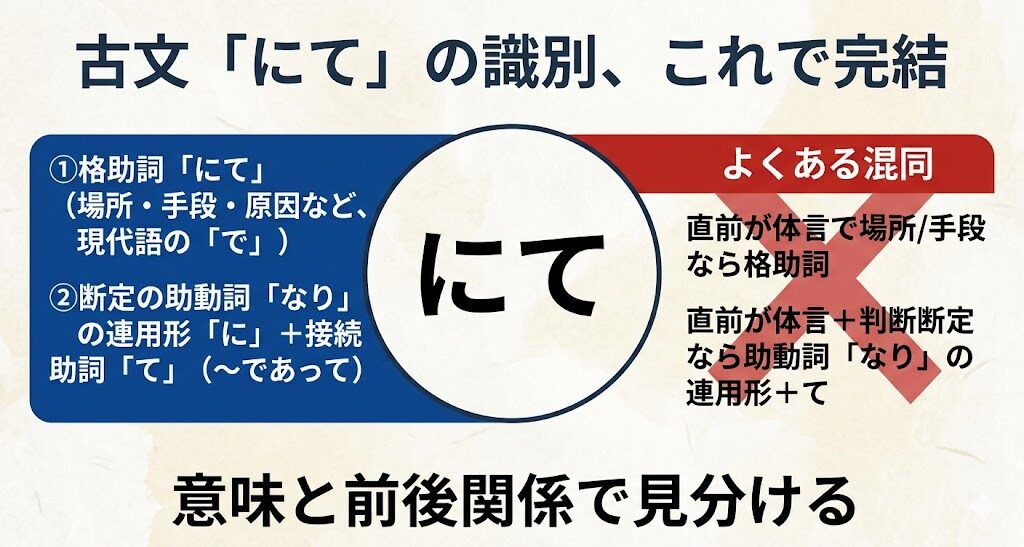 古文「にて」の識別、これで完結 - 格助詞「にて」（場所・手段・原因など）／断定助動詞「なり」の連用形「に」＋接続助詞「て」（〜であって）