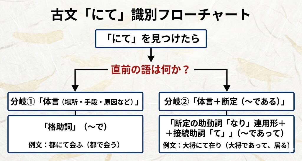 古文「にて」識別フローチャート：直前の語は何か？体言（場所・手段・原因など）→格助詞／体言＋断定（〜である）→断定助動詞「なり」連用形＋接続助詞「て」