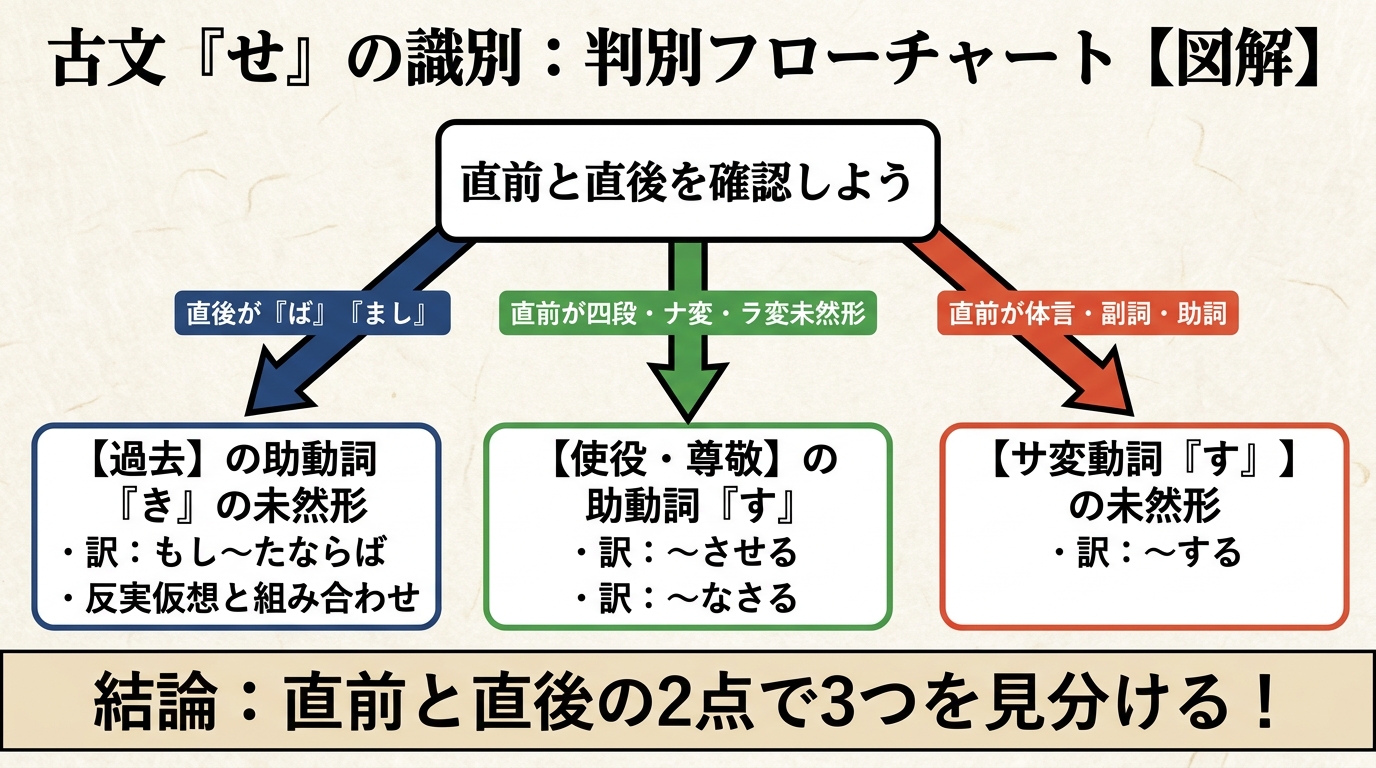 判別フローチャート：直前と直後を確認しよう。3分岐：直後が『ば』『まし』／直前が四段ナ変ラ変未然形／直前が体言・副詞・助詞