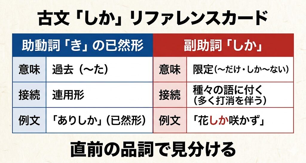 古文「しか」リファレンスカード - 助動詞「き」の已然形(過去・連用形接続)/副助詞「しか」(限定・種々の語)