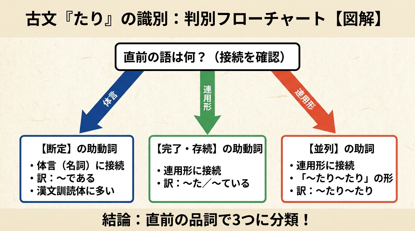 判別フローチャート:直前の語は何? 体言→断定/連用形→完了・存続/連用形+繰り返し→並列の助詞