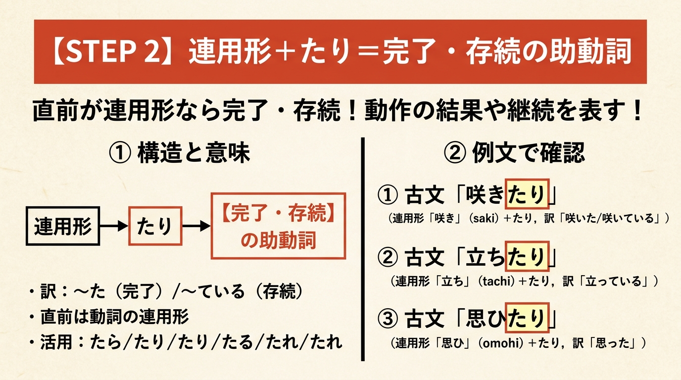 STEP 2 連用形+たり=完了・存続の助動詞。直前が連用形なら完了・存続!動作の結果や継続を表す!