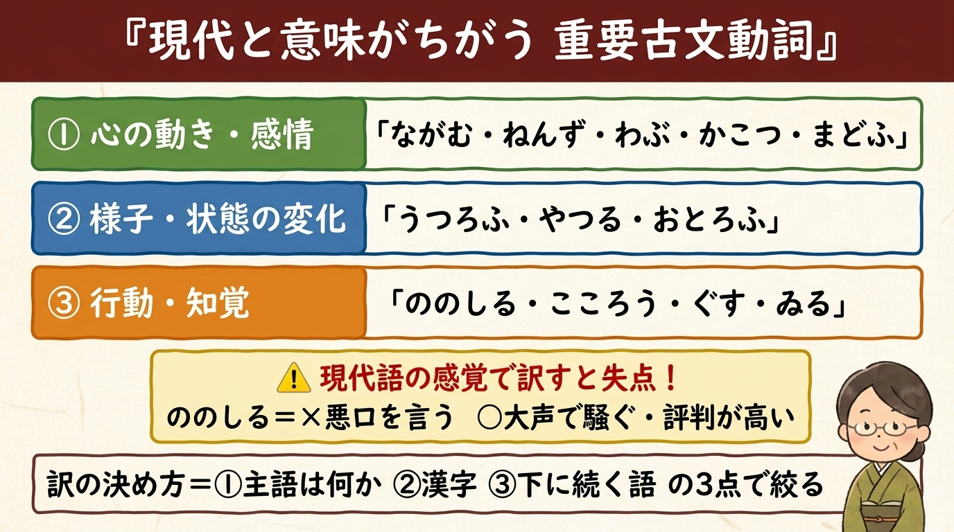 現代と意味がちがう重要古文動詞 全体図