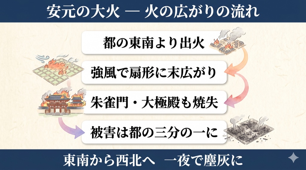 方丈記『安元の大火』 あらすじ・火の広がりの流れ の図解