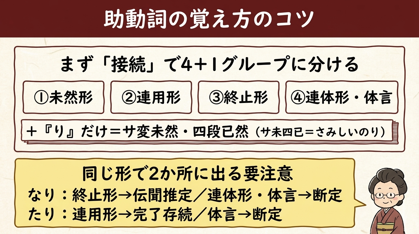 助動詞の覚え方 接続4プラス1とさみしいのり 図解