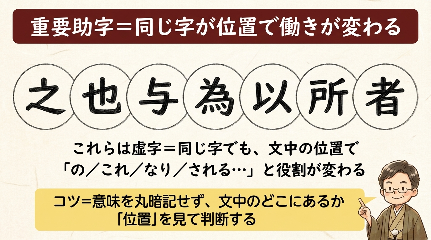 重要助字とは=同じ字が文中の位置で働きが変わる(之也与為以所者)