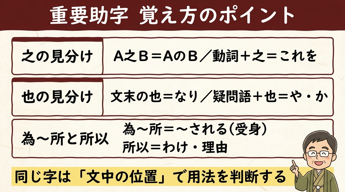 重要助字の覚え方 A之B=AのB/為〜所=される/所以=わけ