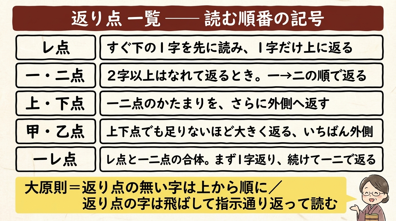返り点一覧 図解｜レ点 一二点 上下点 甲乙点 一レ点