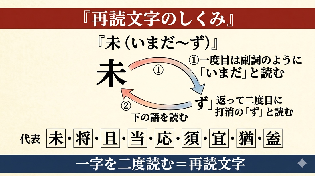 再読文字のしくみ（未=いまだ〜ず の二度読み・代表字 未将且当応須宜猶盍）
