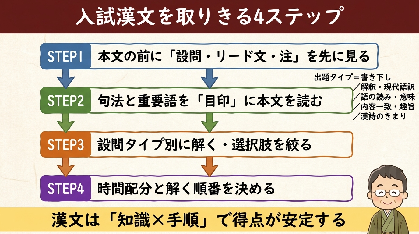 入試漢文を取りきる4ステップ 全体フロー図