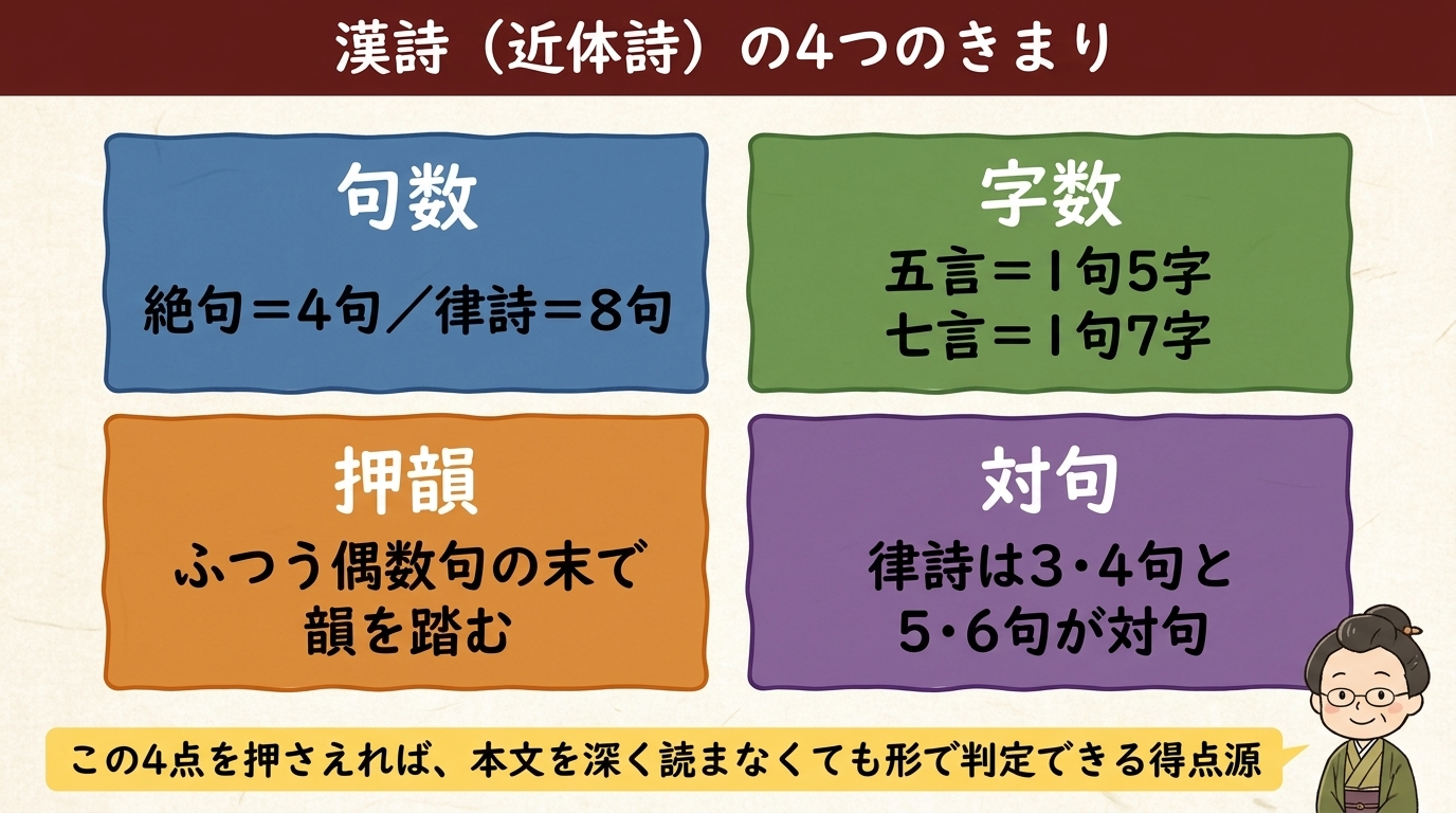 漢詩の4つのきまり 句数字数押韻対句 図解
