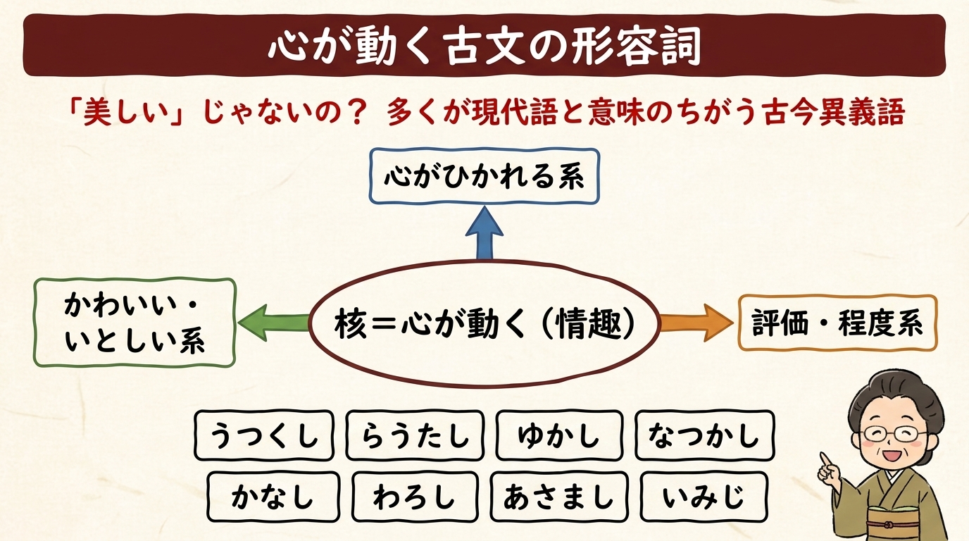 心が動く古文の形容詞 全体図｜かわいい ひかれる 評価