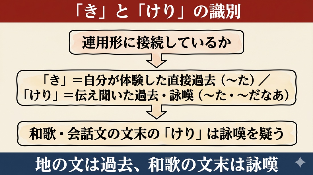 「き」と「けり」の識別フロー（連用形接続→き=直接過去/けり=伝聞過去・詠嘆→和歌文末は詠嘆）