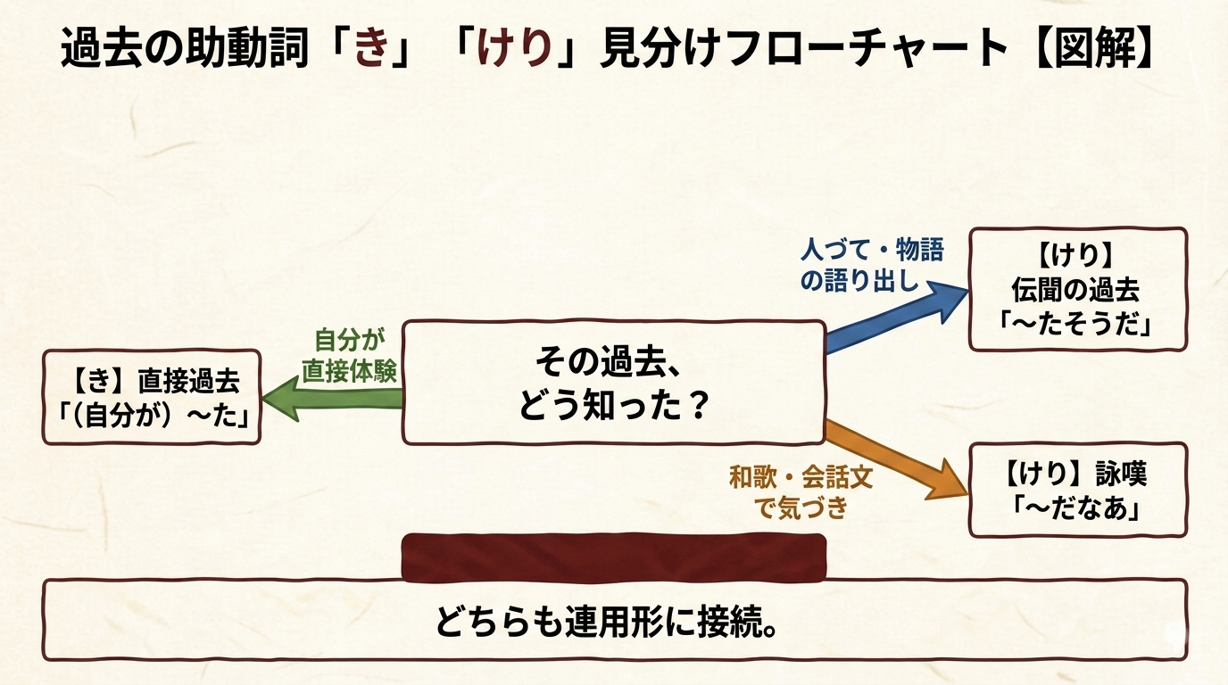 き・けり見分けフローチャート図解｜直接過去・伝聞・詠嘆