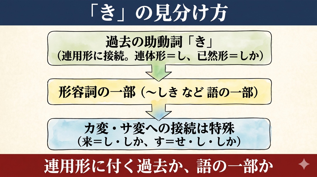 古文「き」の見分け方(過去の助動詞き=連用形接続/形容詞の一部/カ変サ変は特殊接続)