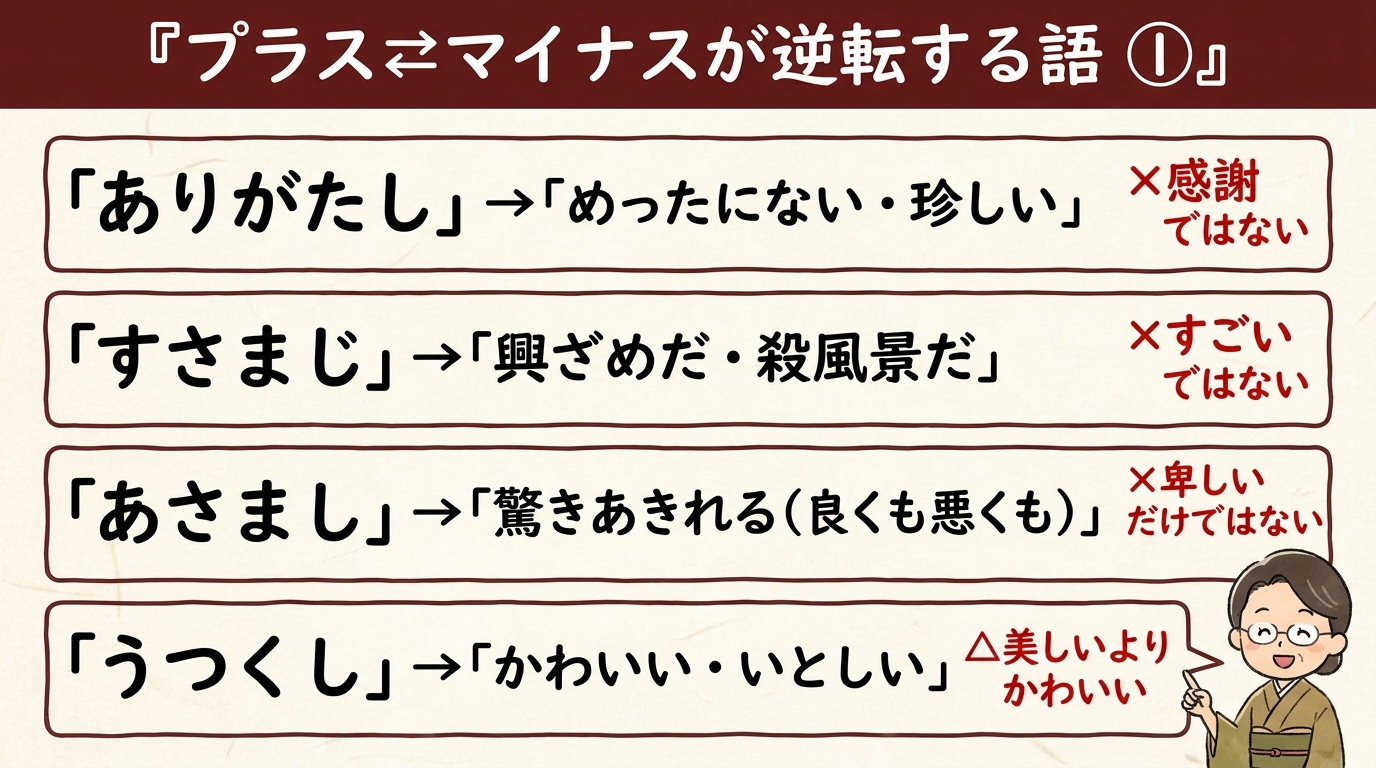 プラスマイナスが逆転する古文単語①｜ありがたし すさまじ