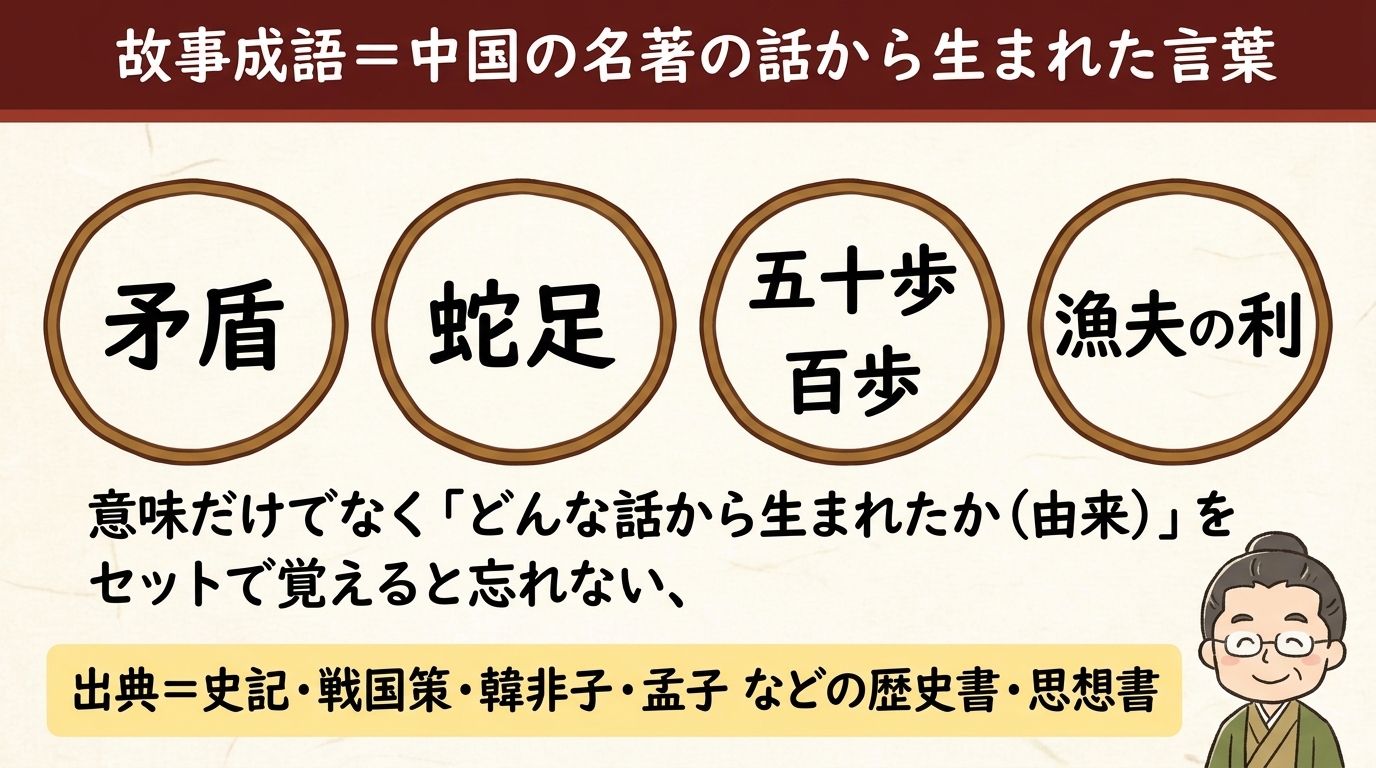 故事成語とは＝中国の名著の話から生まれた言葉（矛盾・蛇足・五十歩百歩・漁夫の利）