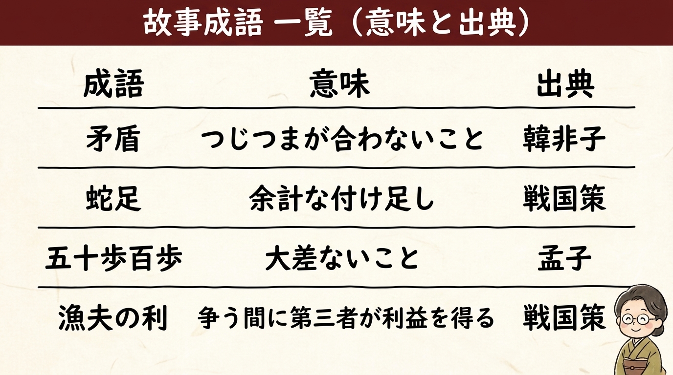 故事成語一覧 意味と出典（矛盾＝韓非子・蛇足＝戦国策・五十歩百歩＝孟子・漁夫の利＝戦国策）