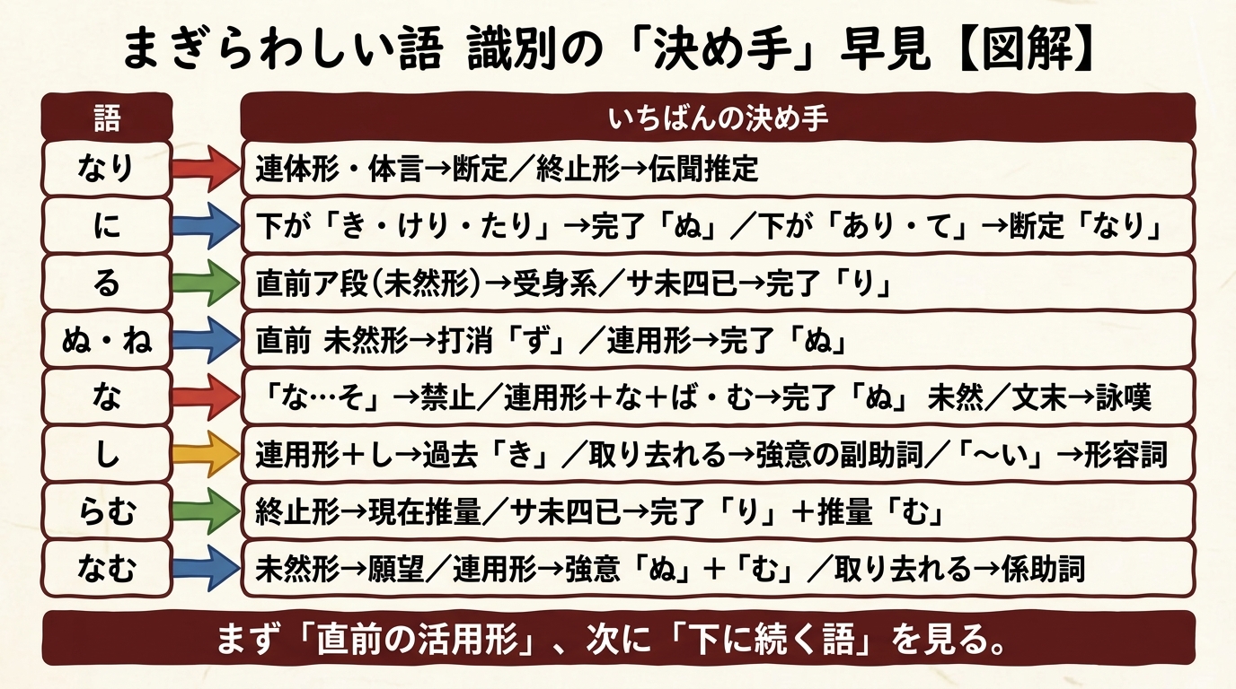 まぎらわしい語 識別の決め手 早見図解（なり・に・る・ぬ・な・し・らむ・なむ）