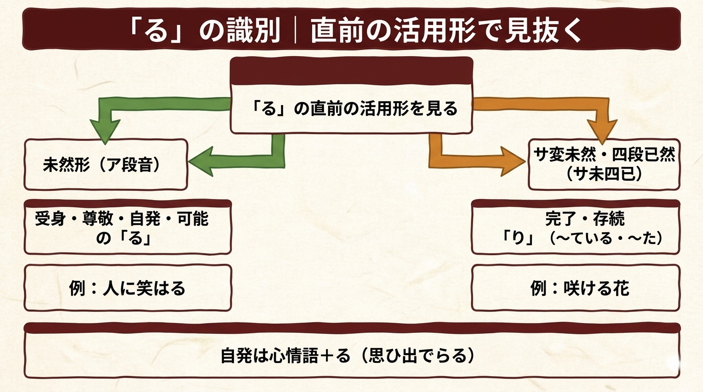 「る」の識別 図解｜受身系か完了りか 直前の活用形