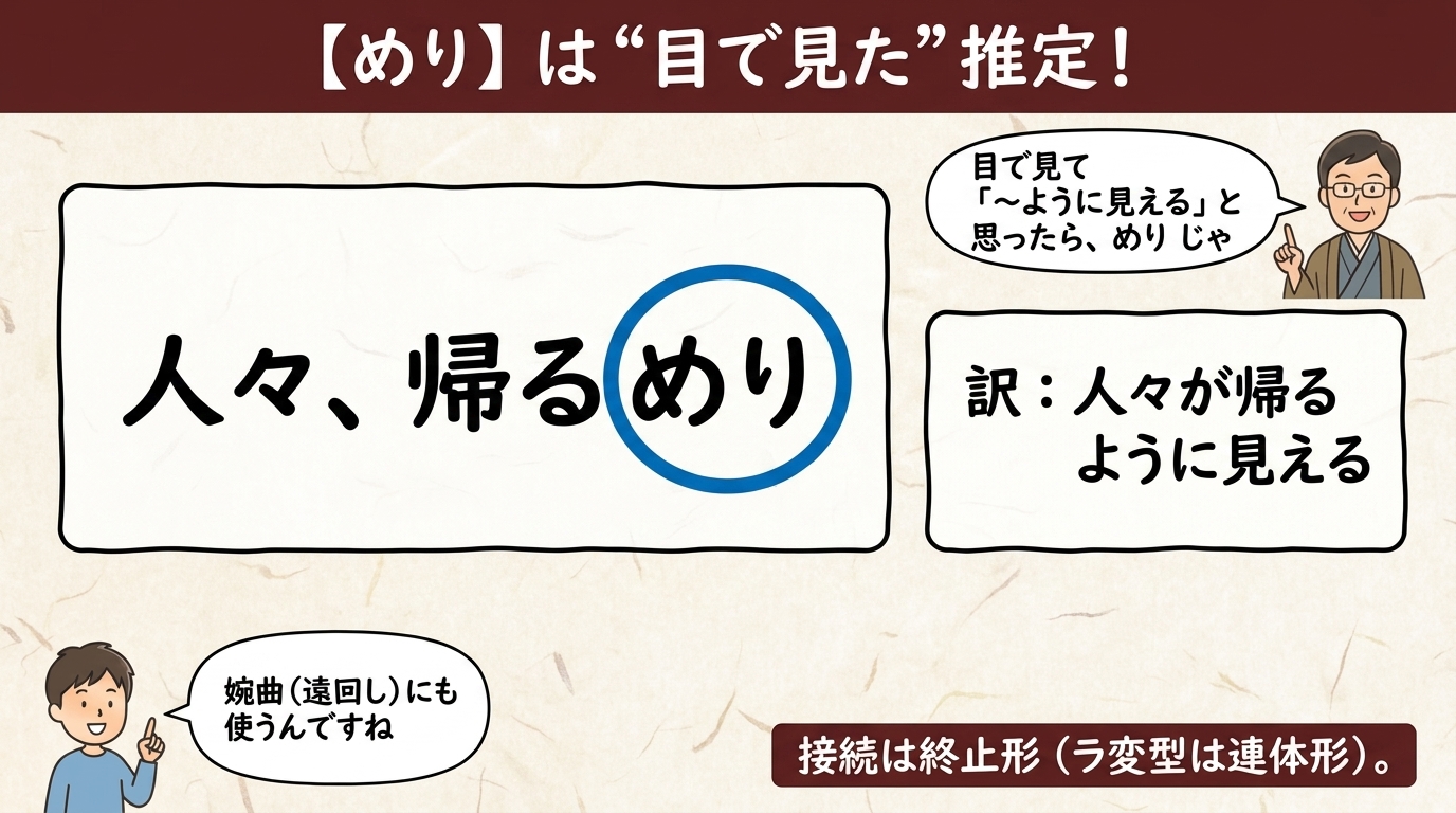助動詞「めり」視覚推定の図解｜人々、帰るめり