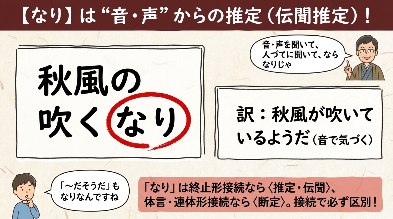 助動詞「なり」聴覚・伝聞推定の図解｜秋風の吹くなり
