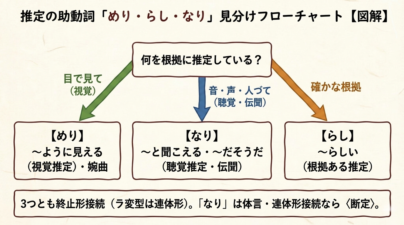 めり・らし・なり 見分けフローチャート（図解）