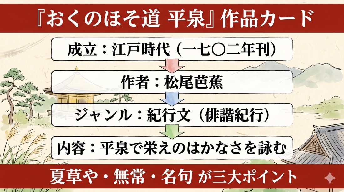 おくのほそ道『平泉』作品カード(成立・作者・ジャンル・内容)の図解