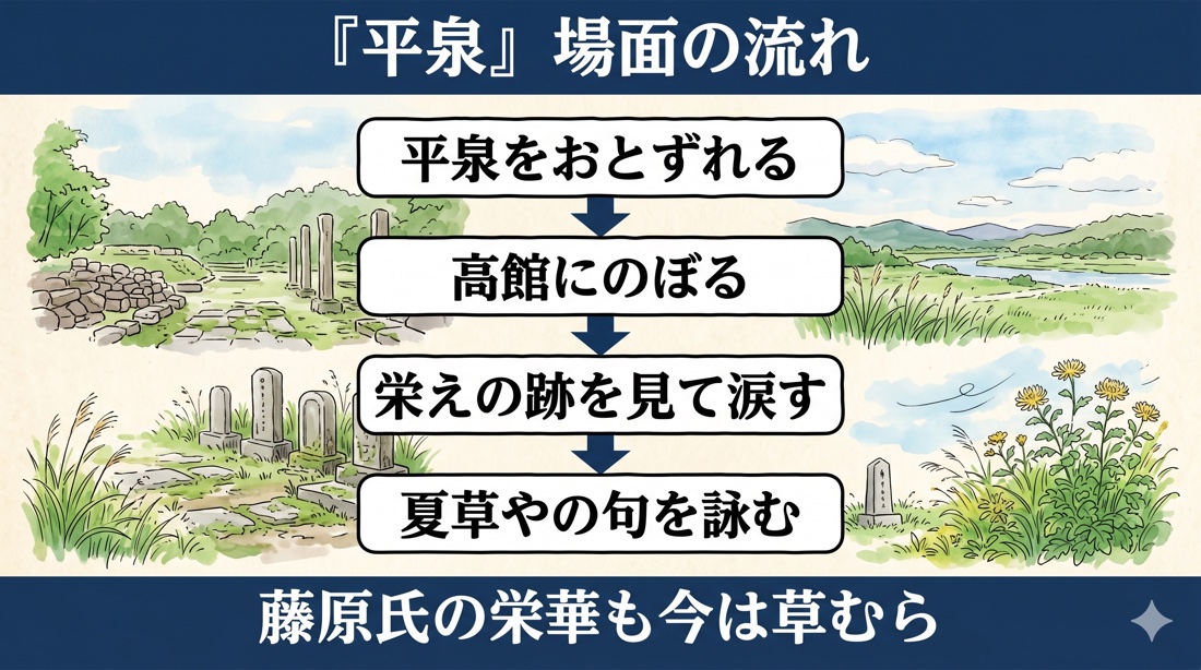 おくのほそ道『平泉』場面の流れ(平泉訪問→高館→栄えの跡→夏草やの句)の図解