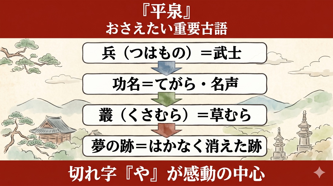 おくのほそ道『平泉』おさえたい重要古語(兵・功名・叢・夢の跡)の図解