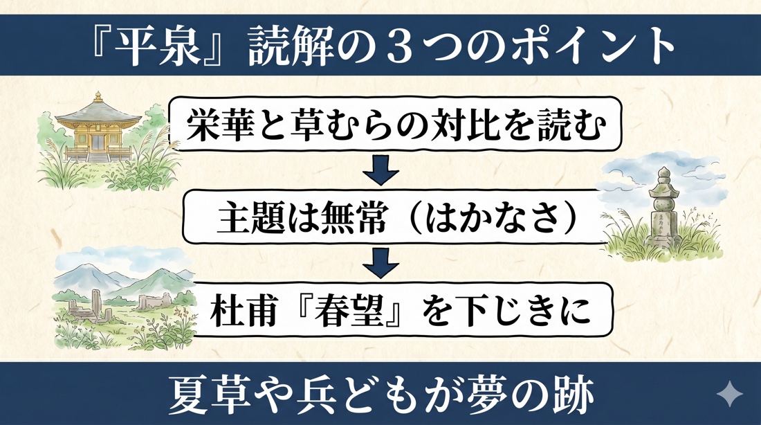 おくのほそ道『平泉』読解の3つのポイント(栄華と草むらの対比・無常・杜甫春望)の図解