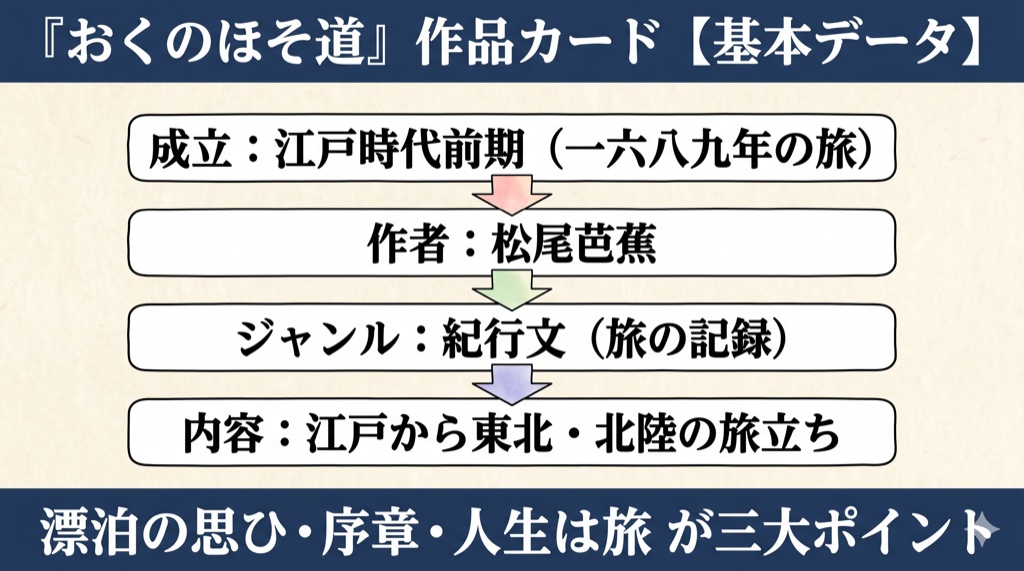 おくのほそ道『旅立ち』作品カード(基本データ:成立・作者・ジャンル・内容)の図解