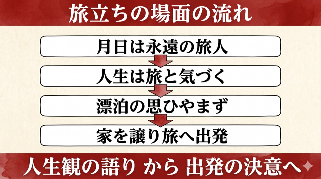 おくのほそ道『旅立ち』場面の流れ(月日は永遠の旅人→人生は旅→出発)の図解