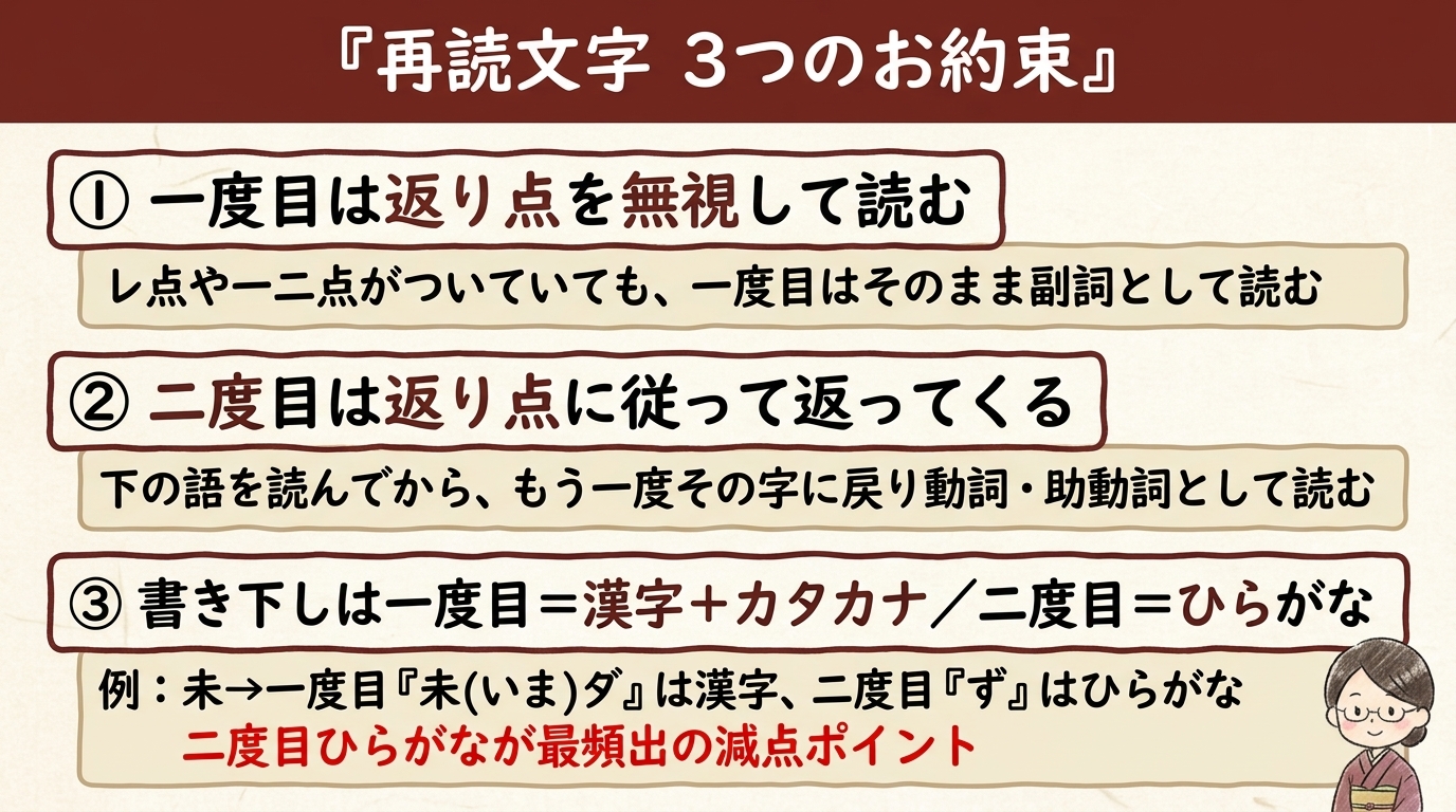 再読文字3つのお約束 一度目副詞 二度目ひらがな 図解