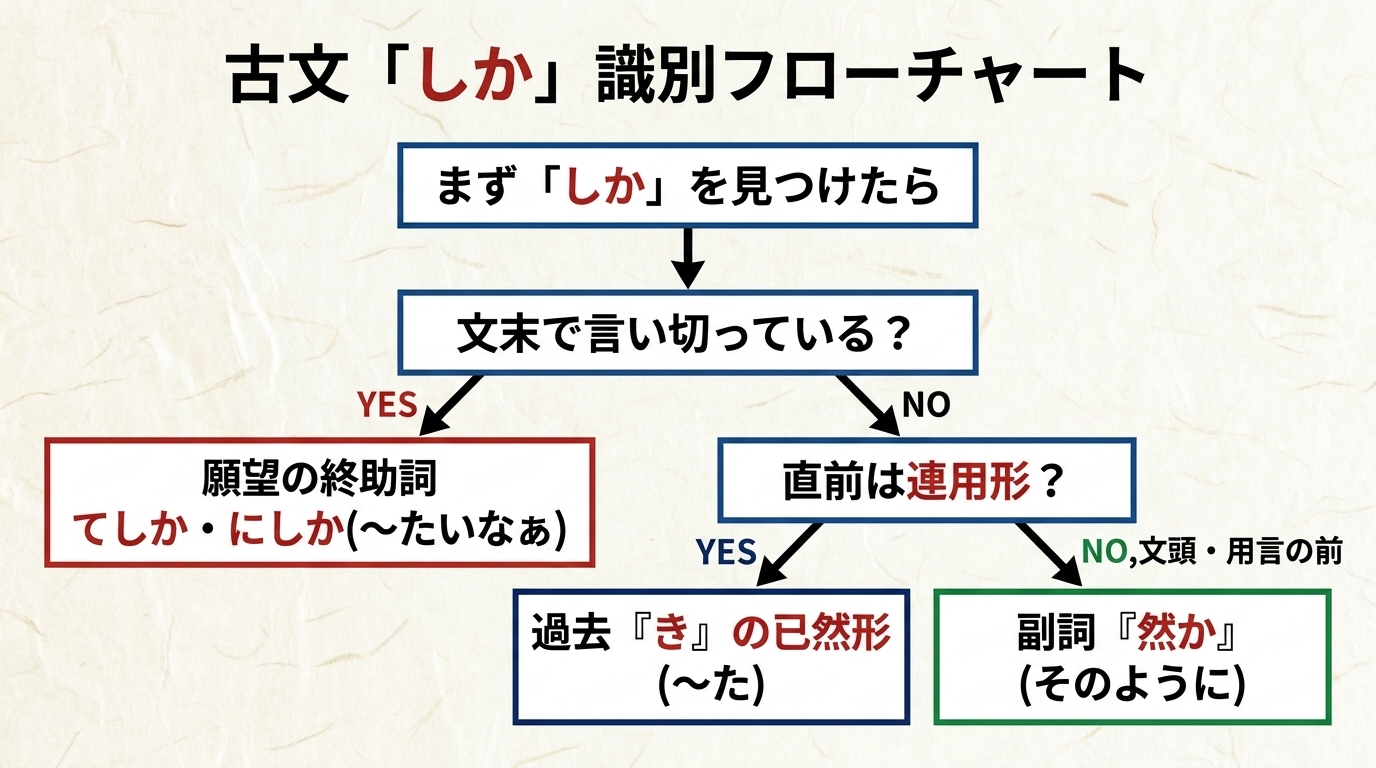 「しか」識別フローチャート：連用形に付く→助動詞「き」の已然形／用言の前に独立→副詞「しか（然）」／文末のてしか・にしか→願望の終助詞