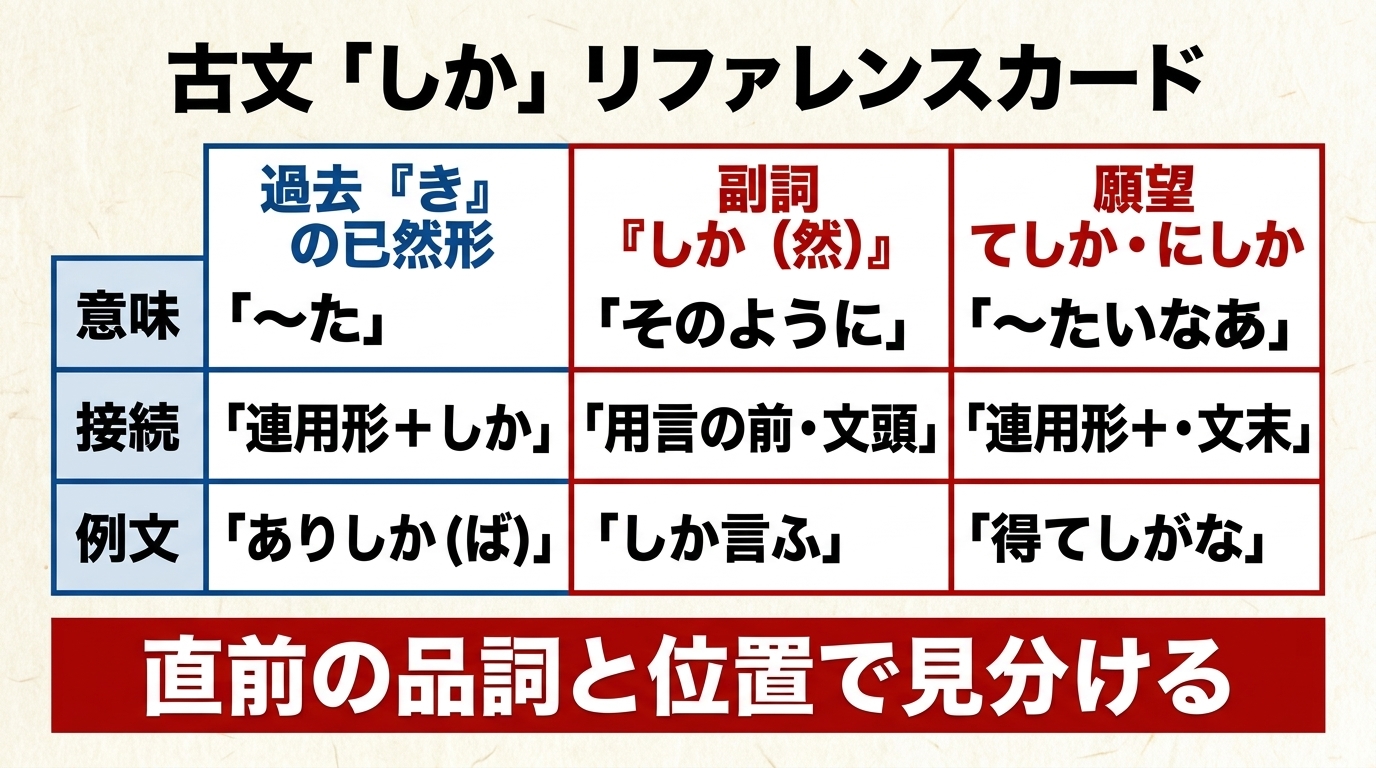 古文「しか」リファレンスカード - 助動詞「き」の已然形（過去・連用形接続）／副詞「しか（然）」（そのように）／願望の終助詞「てしか・にしか」（〜したいものだ）