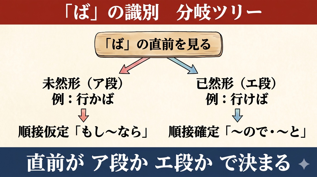古文「ば」の識別 分岐ツリー(未然形ア段=順接仮定もし〜なら/已然形エ段=順接確定〜ので・〜と)
