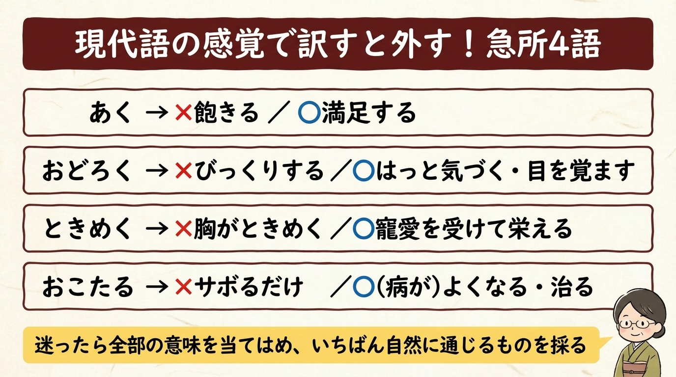 現代語と外す急所4語 あく おどろく ときめく おこたる