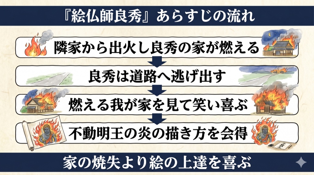 宇治拾遺物語『絵仏師良秀』 あらすじ・場面の流れ の図解