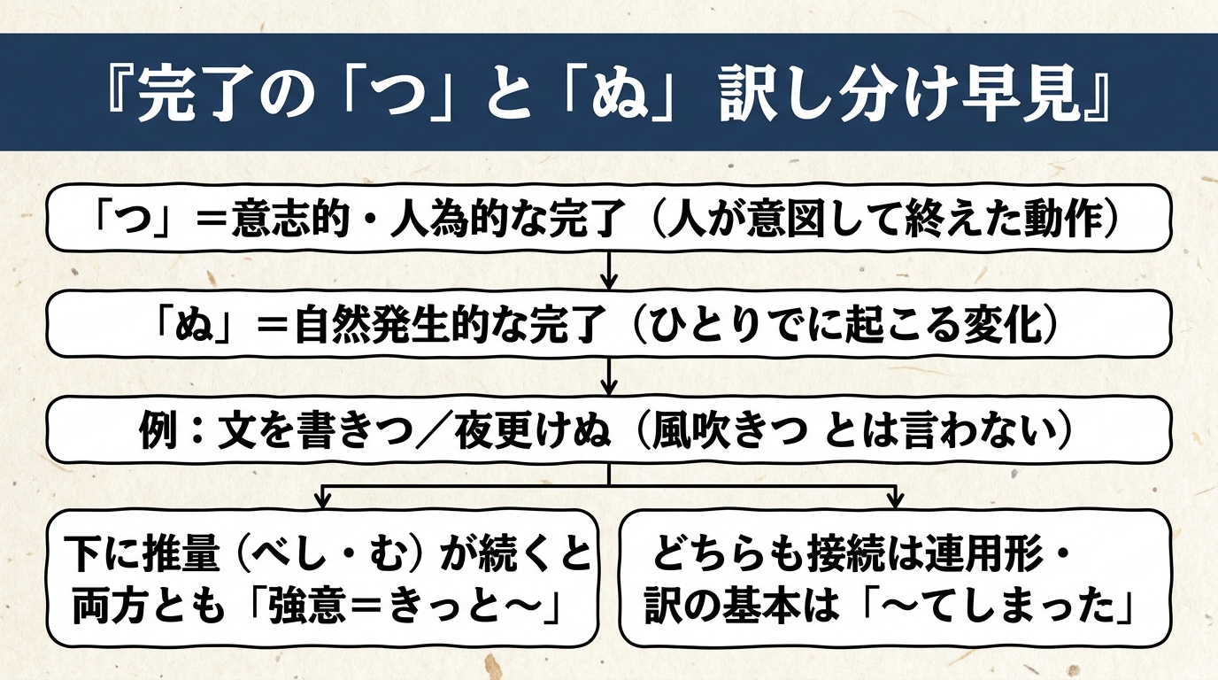 完了の「つ」と「ぬ」 訳し分け早見