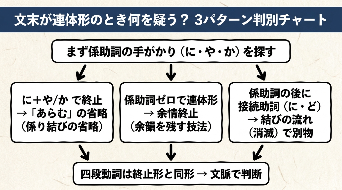 文末が連体形のとき何を疑う？ 3パターン判別チャート