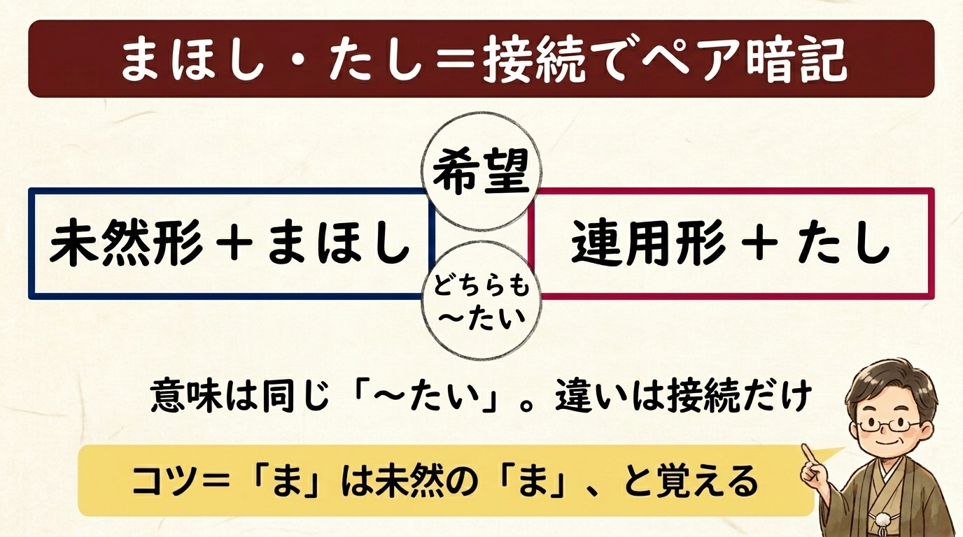 まほし・たし＝接続でペア暗記 図解